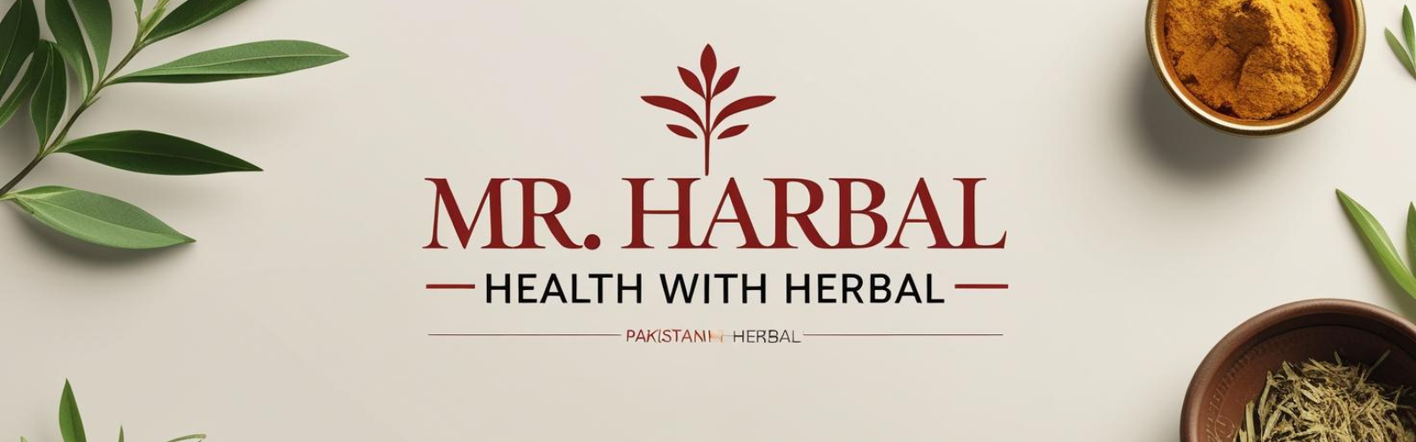 Mr. Herbal logo with leaves and bowls of herbs on a light background